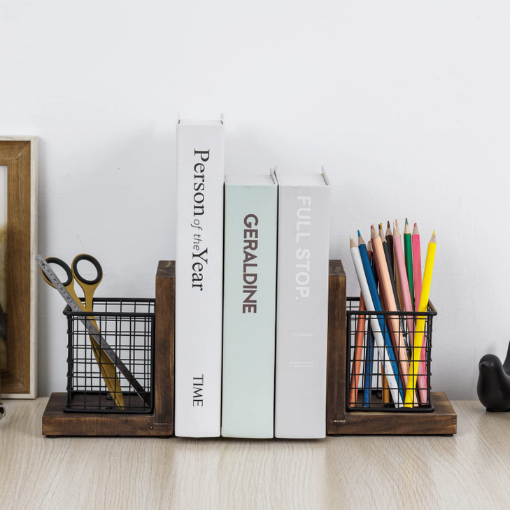 MyGift Book Ends for Desk, Decorative Farmhouse Bookends for Heavy Books with Pen Holders, Office Supplies Storage Baskets, Rustic Burnt Wood and Mat