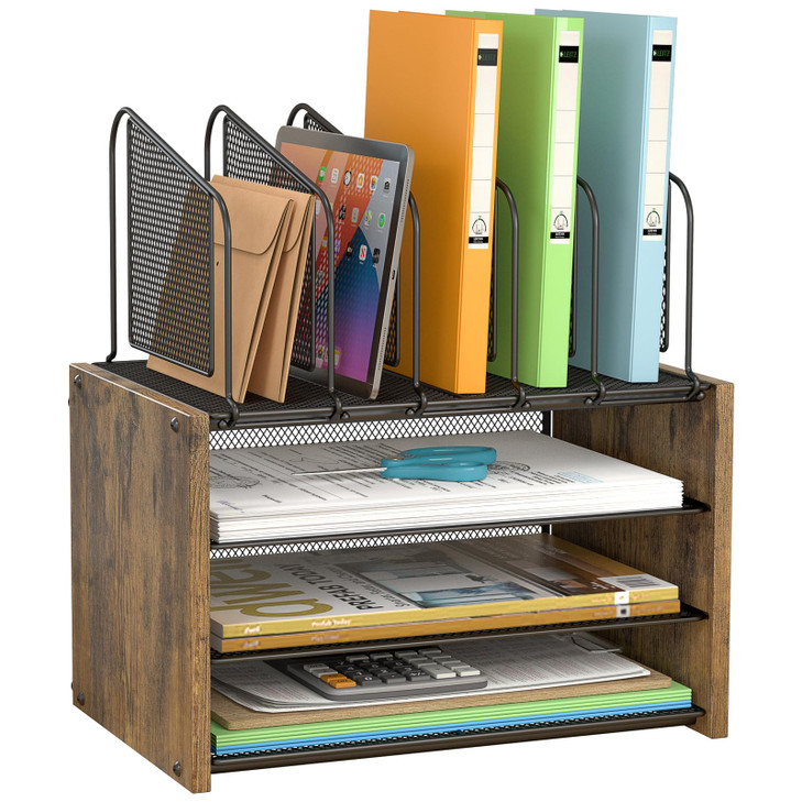 4-Tier Desk Organizer, Desk File Organizer with 5 Vertical File Holders, Office Desktop Organizer with 3 Level Paper Organizer Letter Tray, Wooden De
