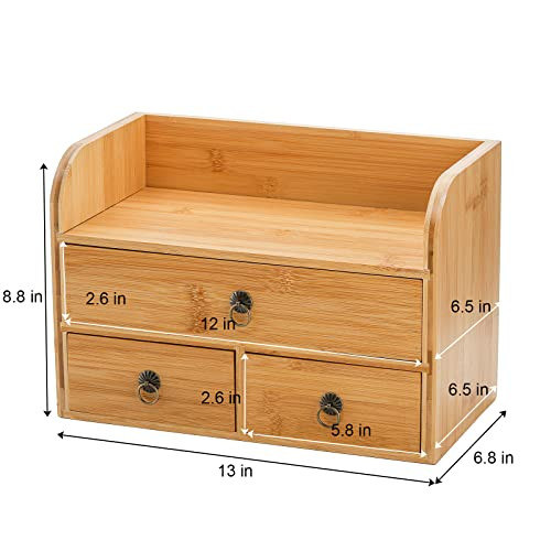 Nicunom Bamboo Desk Organizer, 3-Tier Bamboo Tabletop Storage Organization Multifunctional Desktop Organizer with Drawers for Home Office Toiletries