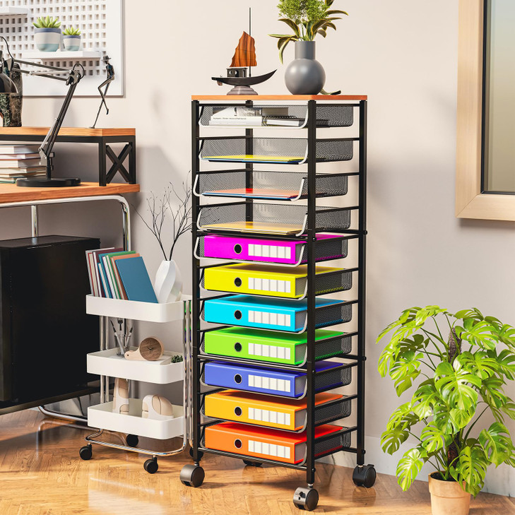 Simple Trending 12 Tier Rolling File Cart,Wood Desk File Organizer with Sliding Trays and Wetal Mesh Paper Letter Storage Multi-Functional Rolling Cl