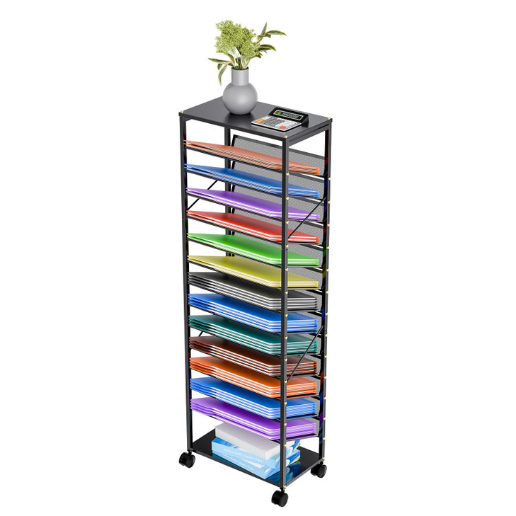 Ekisemio 15 Tier Rolling File Cart, Sturdy and Durable Desk File Organizer with Metal Mesh Letter Tray, Heavy-duty Rolling Clutter Cart for Office, H
