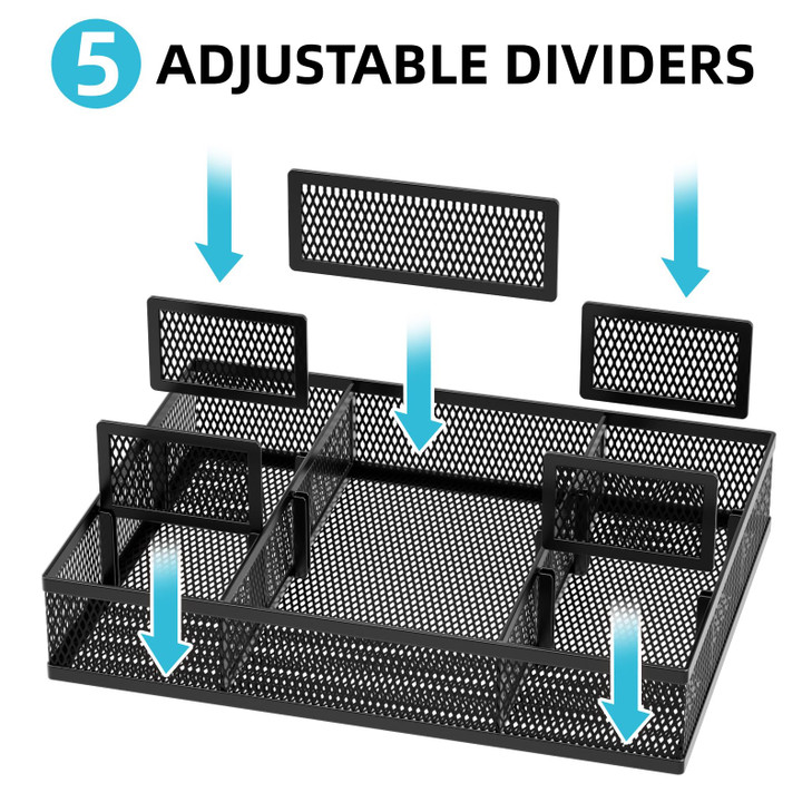 Marbrasse 2 Pack Desk Drawer Organizer, Mesh Drawer Organizer Tray with 8 Adjustable Compartments, Desk Organizers and Accessories, 5 Dividers Drawer