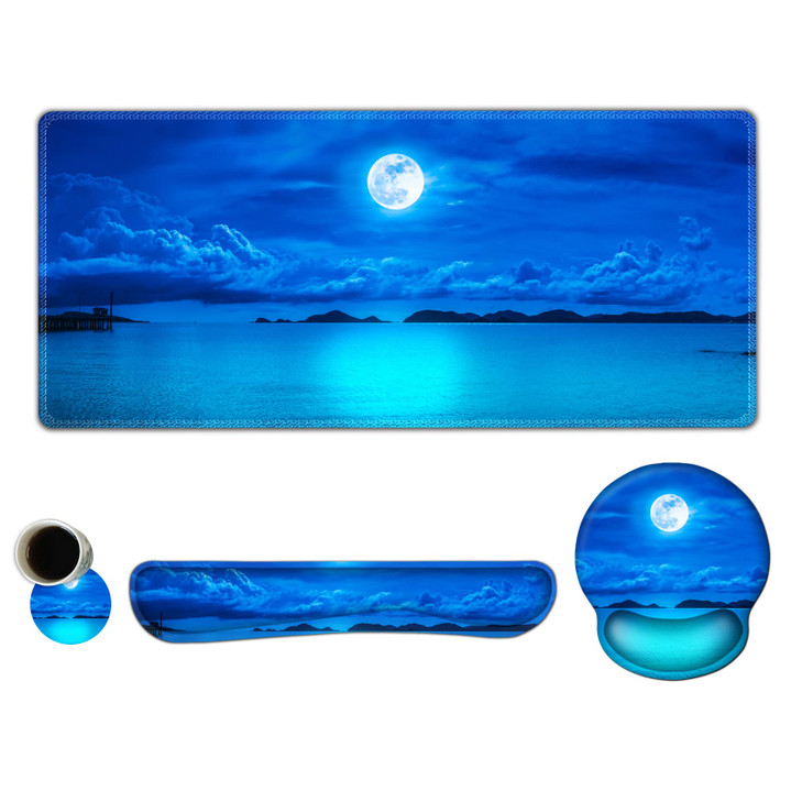 ARTSO Large Mouse Pad Set, Ergonomic Keyboard Wrist Rest Support, Memory Foam Gel Extended Non-Slip Desk Blotter Pad for Office, Home, Moon Blue Sea