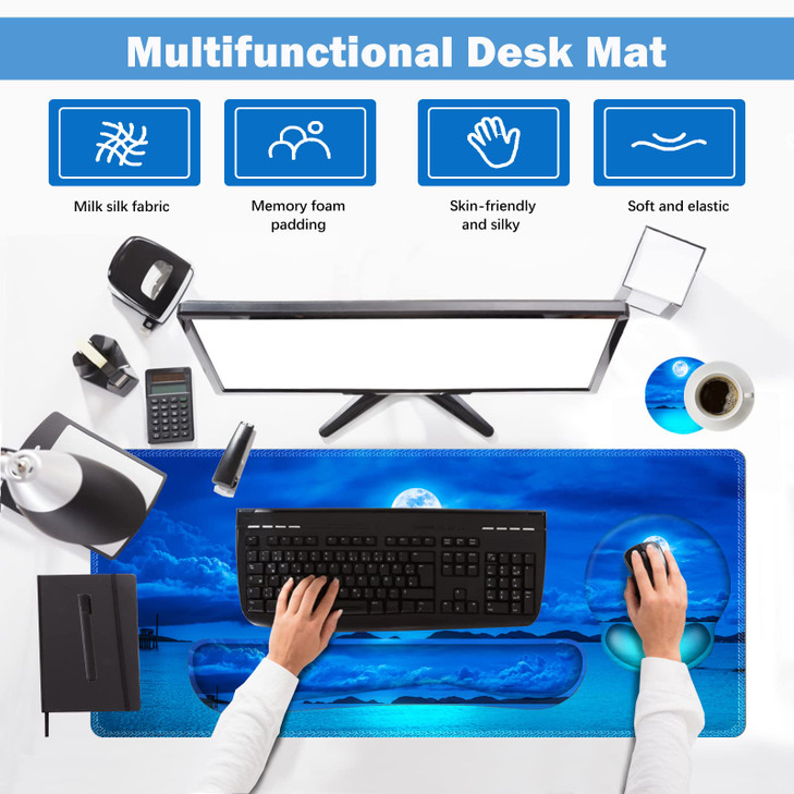 ARTSO Large Mouse Pad Set, Ergonomic Keyboard Wrist Rest Support, Memory Foam Gel Extended Non-Slip Desk Blotter Pad for Office, Home, Moon Blue Sea