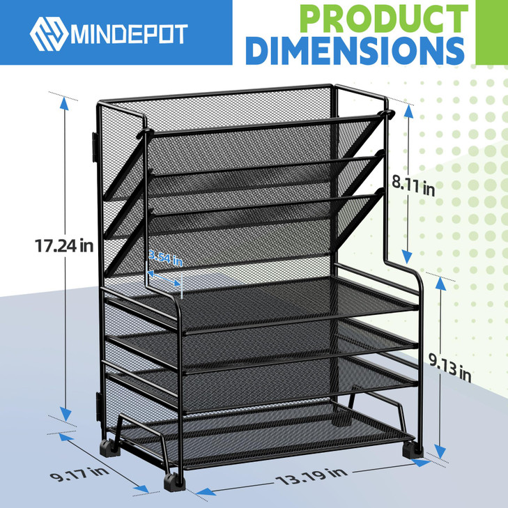 MINDEPOT 4-Tier Paper Organizer + 3-Pocket File Holder + Drawer + Pen Holders, Desktop File Organizers Paper Tray for Office Supplies School Classroo