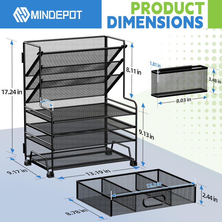 MINDEPOT 4-Tier Paper Organizer + 3-Pocket File Holder + Drawer + Pen Holders, Desktop File Organizers Paper Tray for Office Accessories School Class