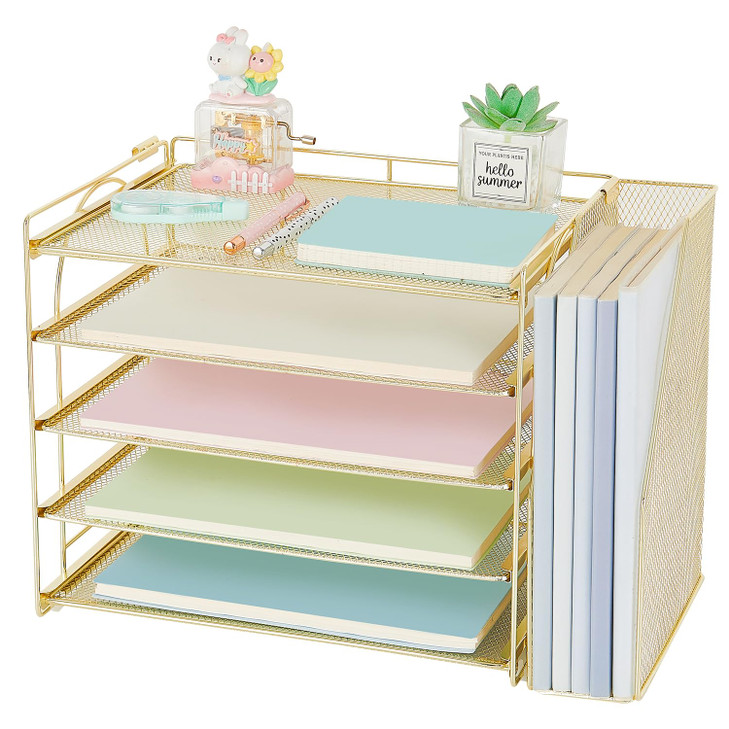 AUPSEN Gold Desk Accessories Organizer,5-Tier Letter Tray Paper Organizer with Adjustable File Holder, Desktop Office Desk Accessories for Office Sup