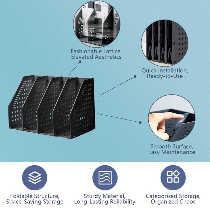 deli Collapsible Magazine File Holder 4 Vertical Compartment Binder Holder for Desk Organizer Adjustable Sturdy Binder Storage Organizer for Office S