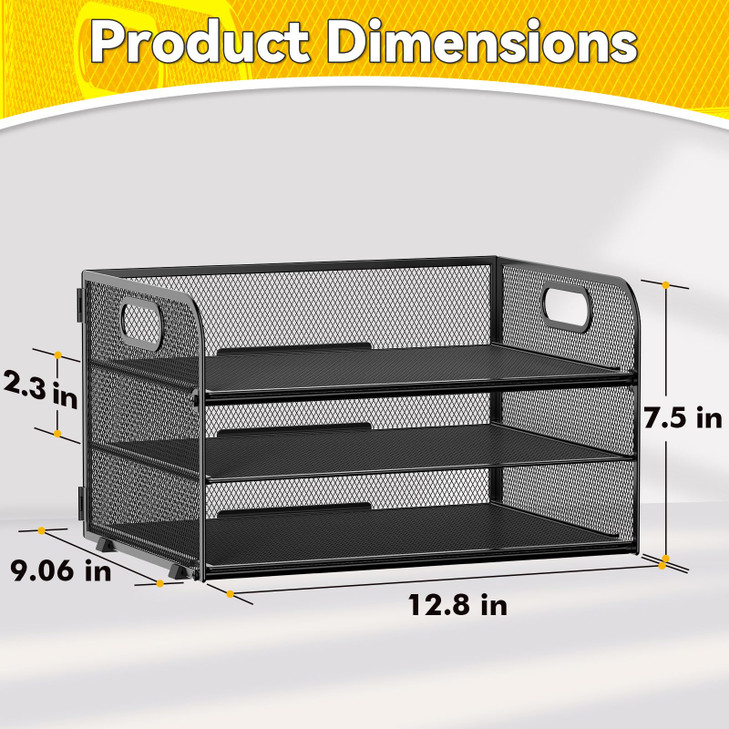 MINDEPOT 3 Tier Paper Organizer Tray with Handle, Mesh Letter Tray for Office, Home, School (1 Pack), Black