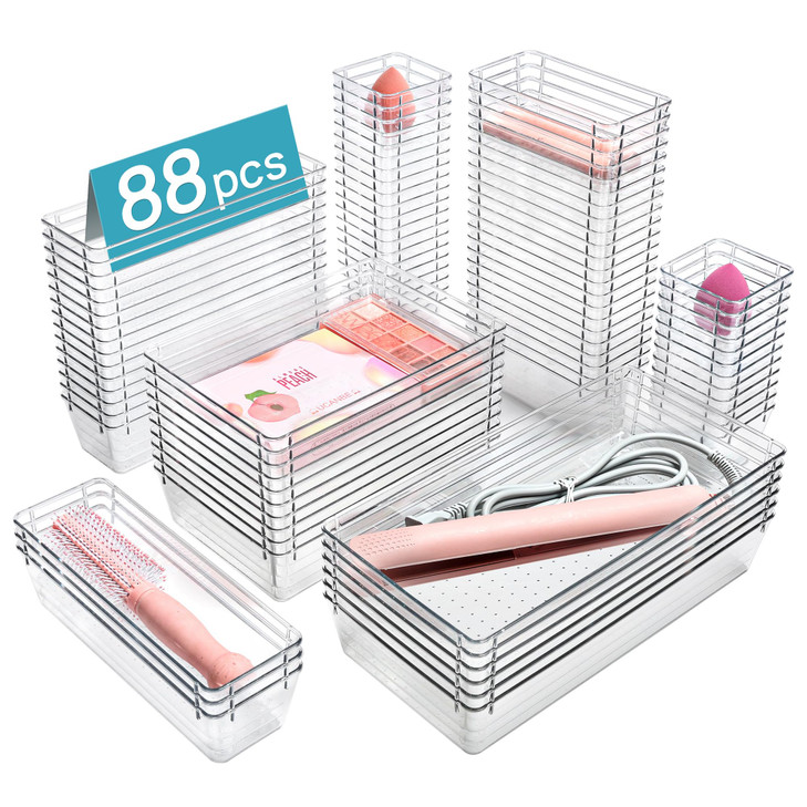 Vtopmart 88PCS Clear Plastic Drawer Organizers Set, 5-Size Versatile Bathroom Drawer Organizer Trays, Storage Bins for Makeup, Vanity, Kitchen Gadget