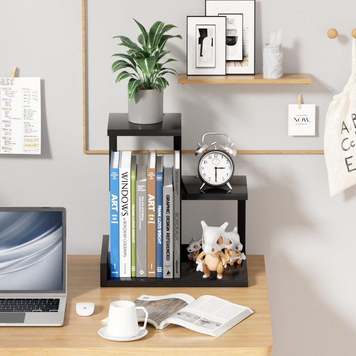 Gannyfer Desk Shelf Organizer - Wood Desktop Shelf, Freestanding Desk Hutch Office Decor, 3 Tier Storage Display Rack, Small Bookshelf with Metal Fra