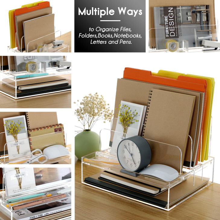 DINGHUO Desk Organizers and Accessories, Acrylic File Folder Rack with 3 Vertical File Holder, Letter Size Paper Tray Office Supplies Storage for Hom