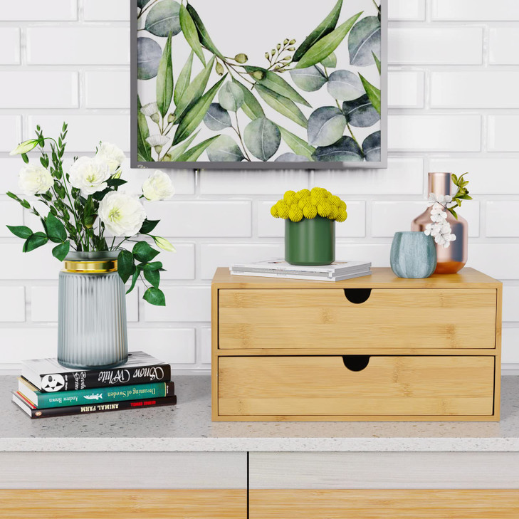 Bamboo Desk Drawer Organizer, 2 Drawer Desktop Organizer with Drawers Tabletop Storage Organization Box for Office Home Toiletries Supplies Vanity, N