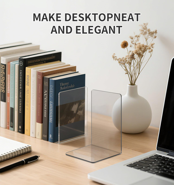 pindda Book Ends, 8 PCS Clear Bookends for Shelves, L Shaped Dividers Book Stopper, Book Ends for Heavy Books, Transparent Bookend Organizer for CD,