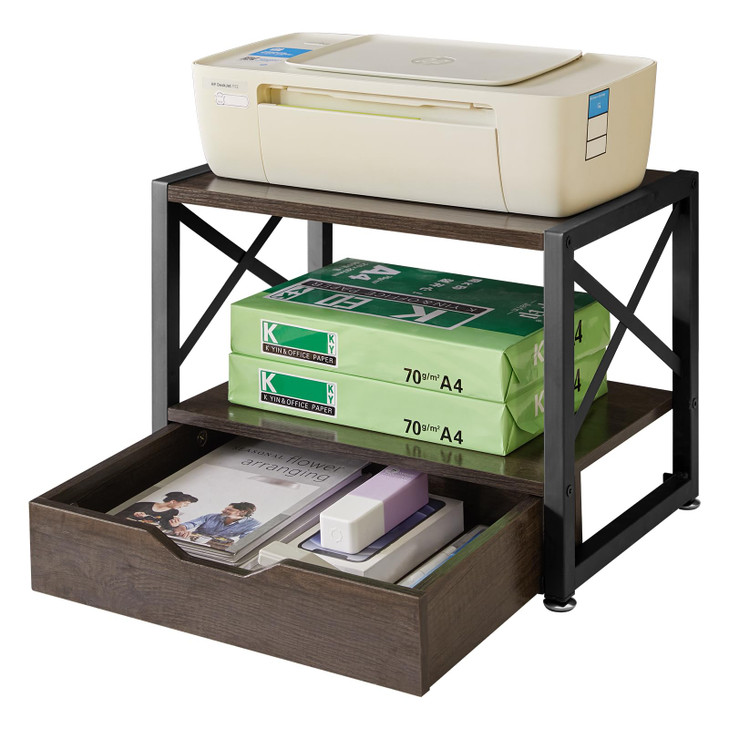 IBUYKE 2 Tier Desktop Printer Stand,Multi-Purpose Desk Organizer,Wooden Printer Stand with Drawer Storage for Folders,Books,for Fax Machine, Scanner,