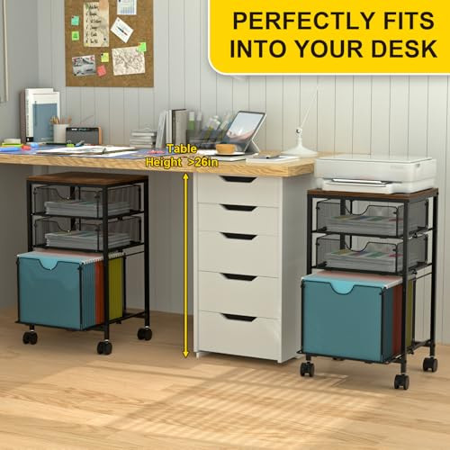 BOHDK Rolling File Cart with 3 Storage Drawers, Wood & Mesh Hanging File Folder Organizer with Wheels Under Desk, File Cabinets for Home Office, 11.8