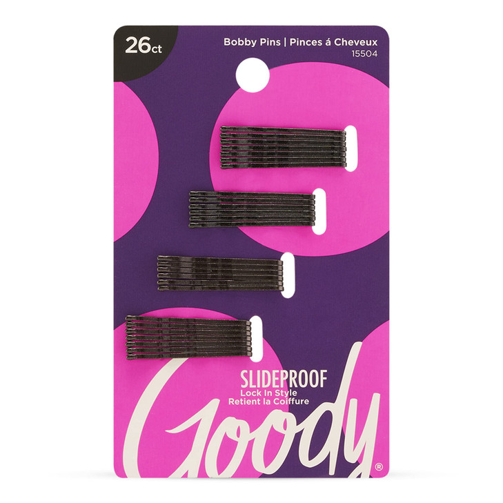 Goody SlideProof Bobby Pins, 26 Ct, Black, Comfortable Bobby Hair Pins for Styling, Lock In Place, Pain-Free Styling Accessories for Women & Men, All