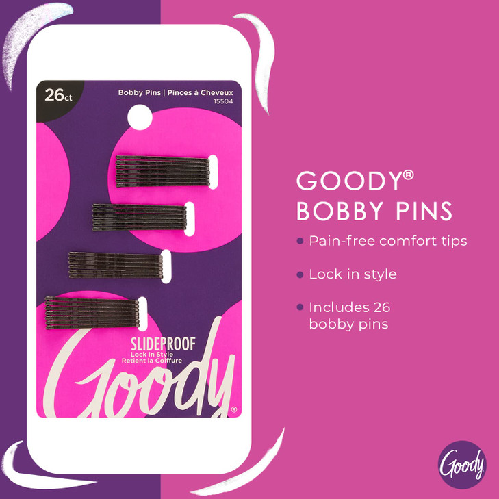 Goody SlideProof Bobby Pins, 26 Ct, Black, Comfortable Bobby Hair Pins for Styling, Lock In Place, Pain-Free Styling Accessories for Women & Men, All