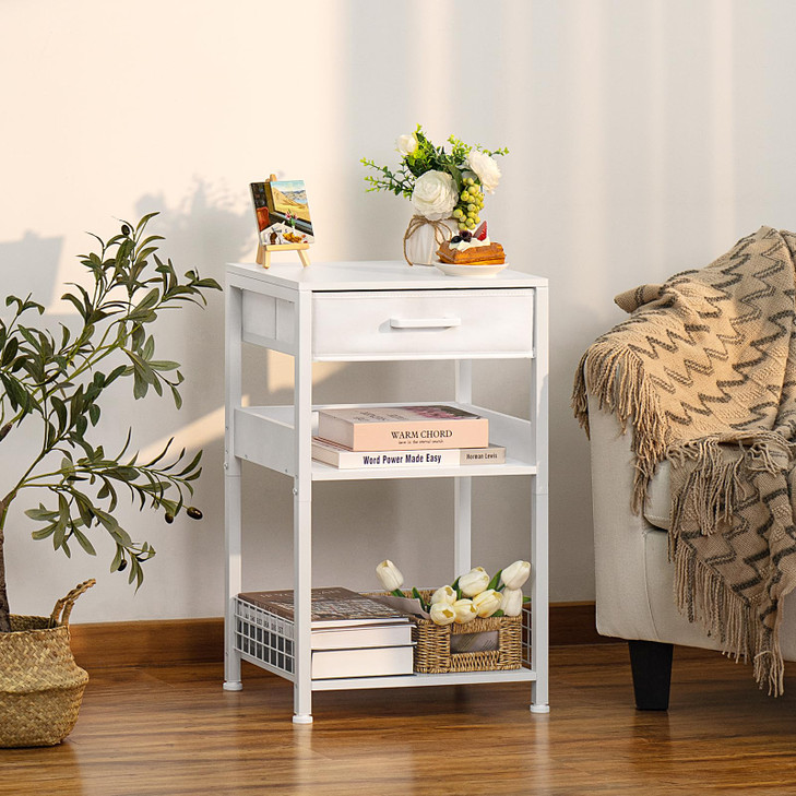 Lerliuo White Printer Stand with Fabric Drawer, 3 Tier Industrial Side Table, Modern Small Printer Desk Holder with Storage Shelf,Multi-Functional Be