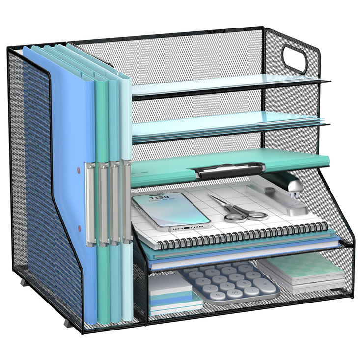 SUPEASY Desk Organizer with File Holder, 5-Tier Mesh Paper Letter Tray with Magazine Holder, Desktop Organizer and Storage for Desk Accessories Offic