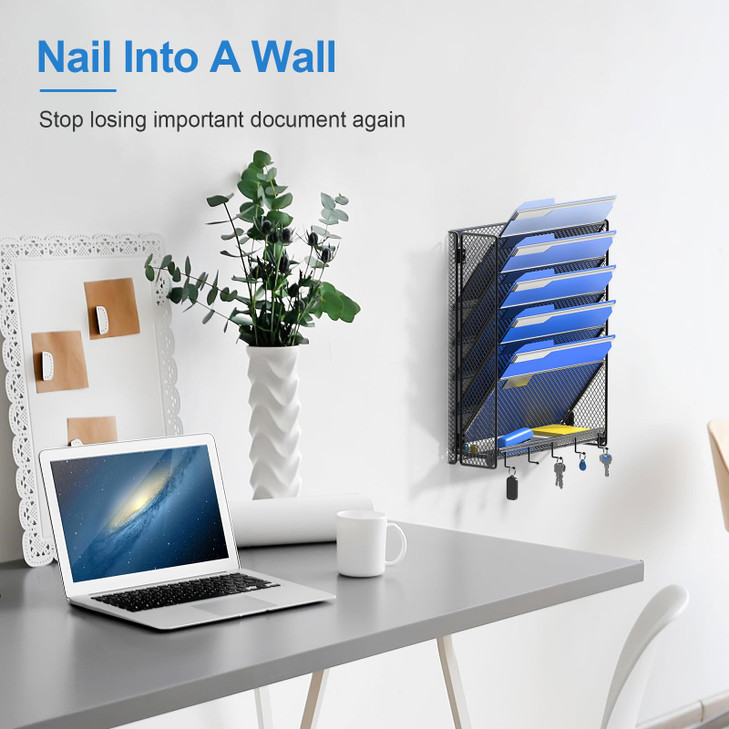 OUTWOLF Hanging Wall File Organizer with Hooks, 6 Tier Vertical Wall Mount File Holder, Paper Document Mail Organizer for Office
