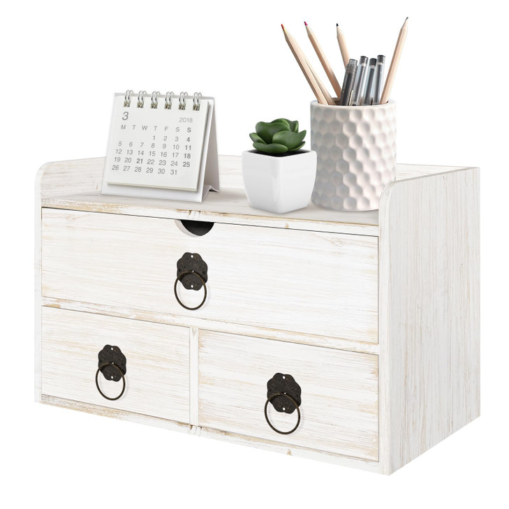 SeekElegant Wood Desk Organizer with Drawer, White Wooden Desktop Organizer, Tabletop Storage Organization Box for Countertop, Home Office Supplies (