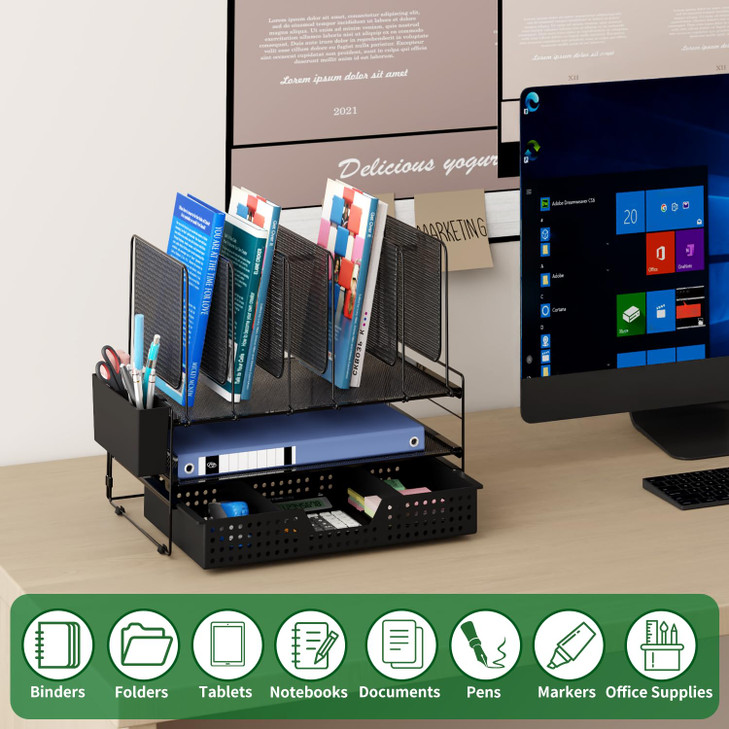 LEKETREE Desk Organizer, Office Organization with Vertical File Holder, File Organizer with Drawer and Pen Holder, Desk Accessories and Workspace Org