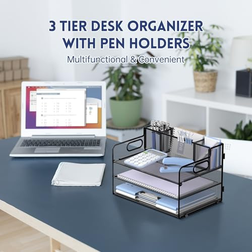 SUPEASY 3 Tier Desk Organizer with Handle & 3 Pen Holders, Mesh Paper/File Organizer for Desk, Paper Letter Tray Organizer for Office Supplies (Black