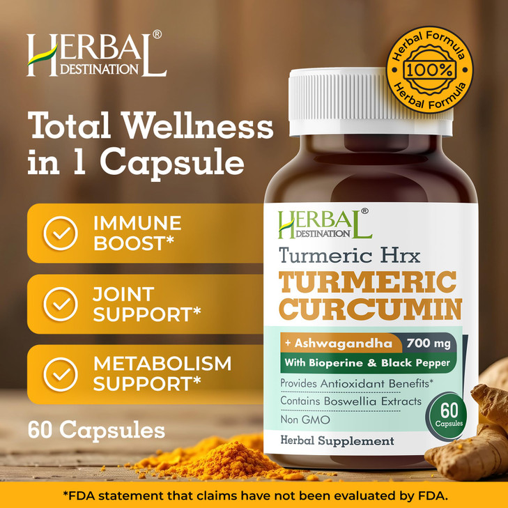 Herbal Destination Turmeric Supplement Hrx- Immune Supplement, Metabolism Booster Joint Support Supplement with Turmeric Curcumin, Boswellia, Curcuma