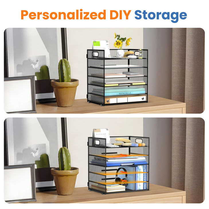 Daltack 6 Tier Paper Organizer for Desk, Paper Letter Tray Organizer for Desks, Mesh Desk File Organizers with Handle for Office, Home, School, Black