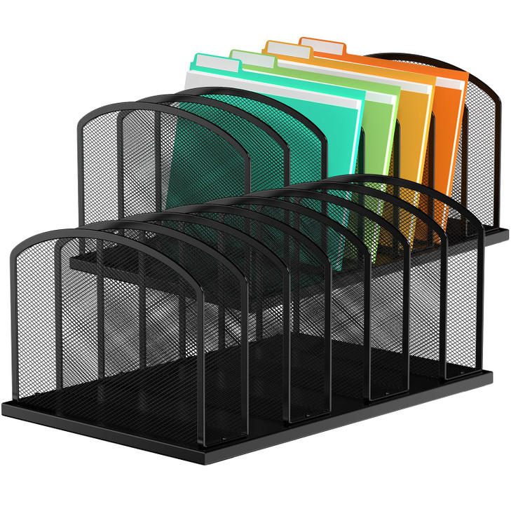 MINDEPOT Desk File Organizer 7 Sections Upright Mesh File Sorter Organizer for Desk, Office Organization File Holder for Home, Office & Classroom (Bl