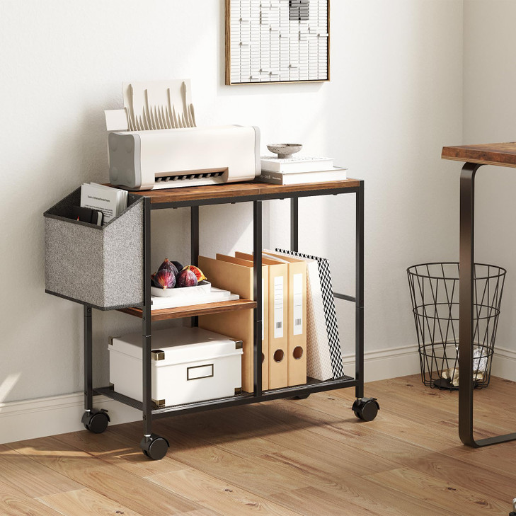 MAHANCRIS Printer Stand with Storage Bag, 3-Tier Mobile Under Desk Printer Cart with Wheels, Wood Rolling Printer Table, Organizer Shelf for Study, O