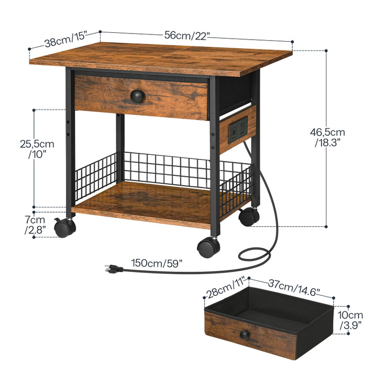HOOBRO Printer Stand with Charging Station, 2-Tier Printer Cart, Under Desk Printer Table with Power Outlet, Wheeled Printer Table with Fabric Drawer