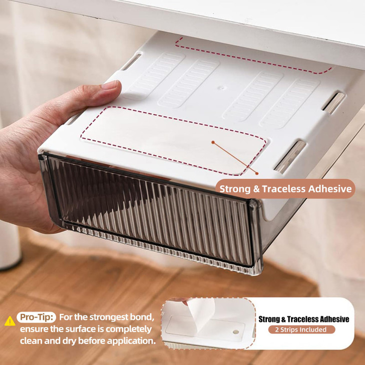 2Pcs Under Desk Storage Drawers Slide Out,Large&Medium, Stick On Desk Drawer Organizer Hidden Under Table Drawer for Home Office School Organization
