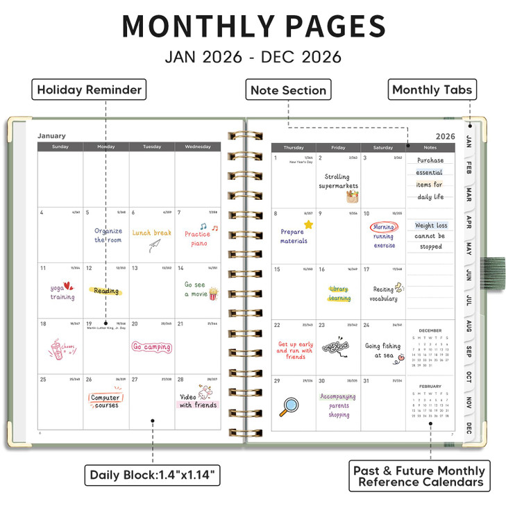 AHGXG 2026 Planner, Weekly and Monthly, 2026 Calendar, Jan 2026 - Dec 2026, Hardcover with Monthly Tabs, 100 GSM Thick Paper, for Women School Home O