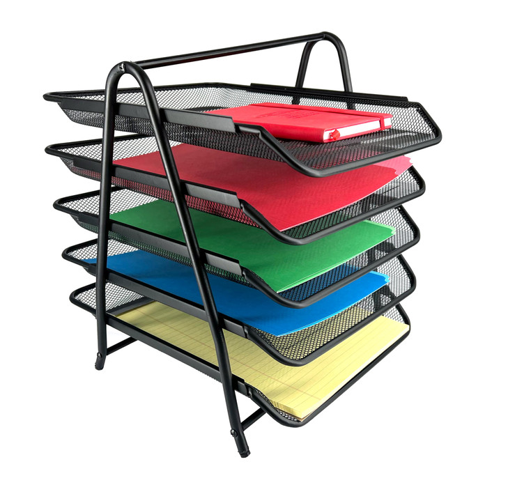 Huron Desktop Horizontal File Binder Organizer Storage Letter Tray, 5 Slot, Black Steel Mesh