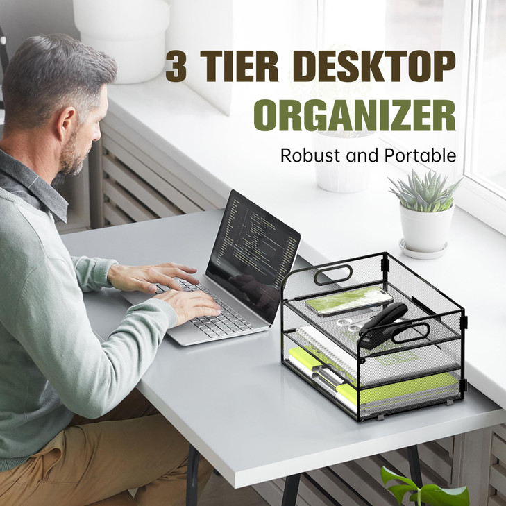 Daltack 3-Tier Paper Organizer with Handle, Mesh Desk Organizer Letter Tray, Paper Tray Organizer File Organizer for A4 File Folder, Black