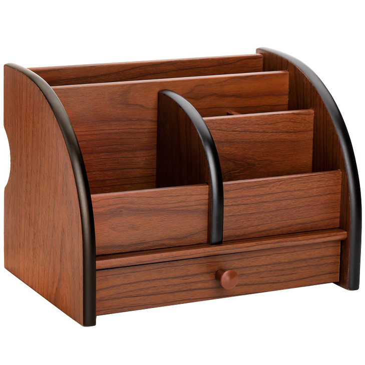 Foraineam Wooden Desk Organizer with Drawer, Remote Control Holder Caddy, Makeup Organizers, Wood Pencil Holder Desktop Supplies and Stationery Rack