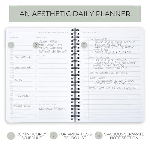 Beautiful Daily Planner And Notebook With Hourly Schedule - Aesthetic Spiral To do List Notepad to Easily Organize Your Work Tasks And Appointments -