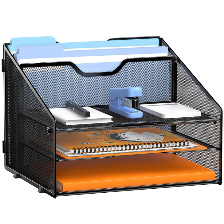 GAWERK Letter Tray Organizer, Mesh Desk File Organizer with 3 Paper Trays and 2 Vertical Upright Section, Blank