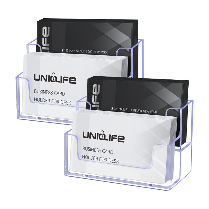 Uniclife 2 Pack Acrylic Business Card Holder for Desk 2 Slots Clear Business Card Display Stand for Men & Women Desktop Business Card Organizer Card