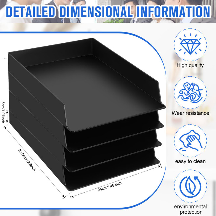 Wenqik 4 Pcs Stackable Paper Trays Rectangular Plastic Desk Holder Desktop Document File Organizer Storage Letter for Office Classroom (Black)