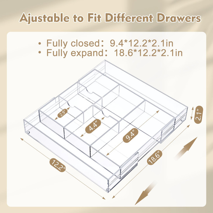 Briwooody 2 Pcs Acrylic Desk Drawer Organizer Maximum 12 x 18 x 2.1 Inch Expandable Drawer Organizer Trays with 8 Adjustable Compartments Desk Access
