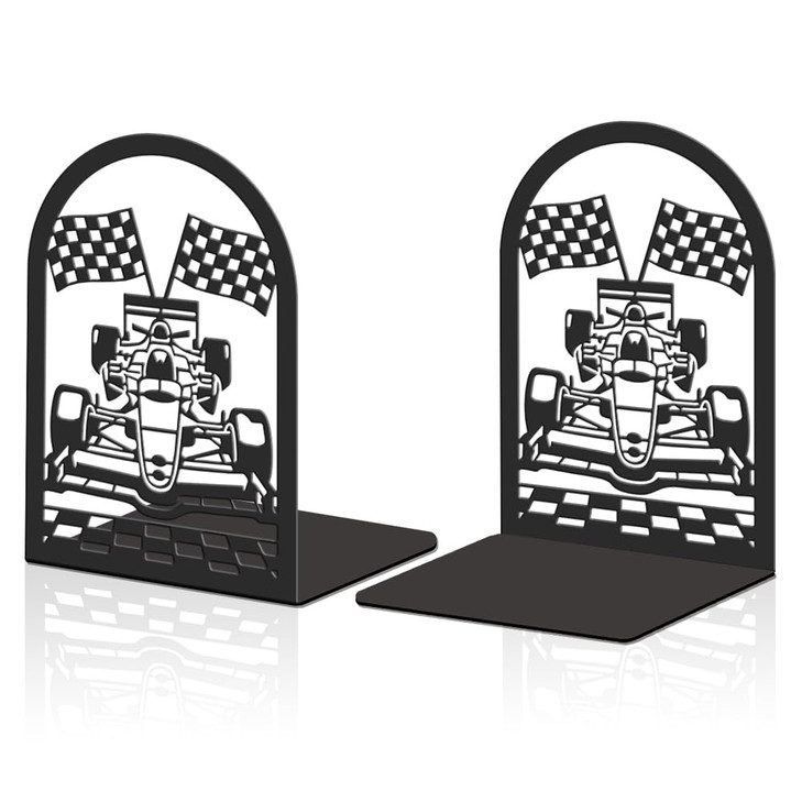 Hobbspring 2pcs Book Ends Formula Car Metal Bookends Heavy Duty Book Stoppers Non-Slip Bookend Office for Small Large Heavy Books Textbooks Black