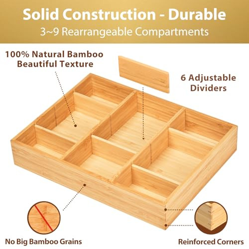 Umilife Desk Drawer Organizer, Bamboo Wood Organizer Tray with Adjustable Compartments, Office Desk Accessories Supplies Organization Storage, 12" x