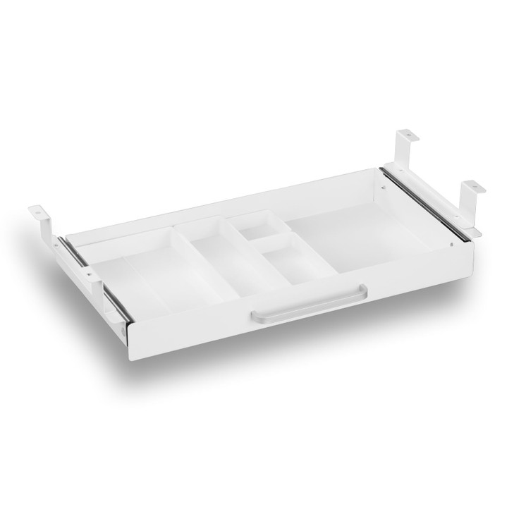 OSteed Under Desk Drawer White 21" with 4 Divider Trays, Under Shelf Pencil Drawer Pull-out, Standing Desk Metal Storage Attachment Slide Out for Wor