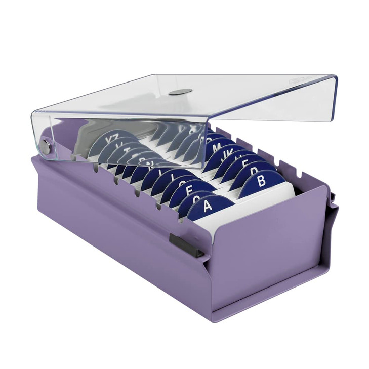 Acrimet Index Business Card Size File Holder Organizer Box Metal Base Heavy Duty (AZ Index Cards and Divider Included) (Purple Color with Clear Cryst