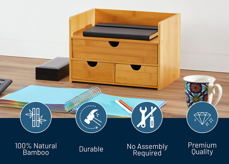 RoyalHouse Premium Natural Bamboo Desktop Organizer, Attractive Design 3 Tier, Table Top Storage for Documents & Office Supplies, Accessories And Mor