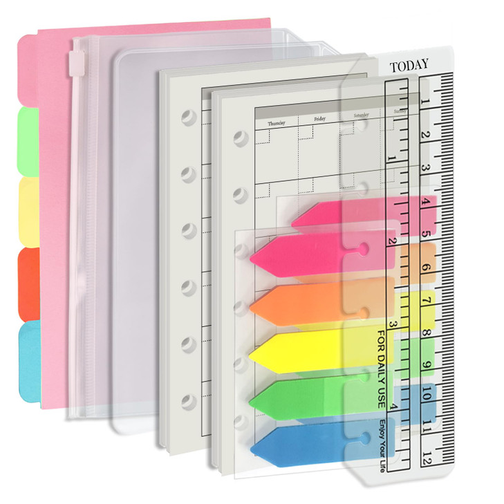 Harphia A7 6 Holes Binder Refill Value Set, 90sheets monthly plan loose leaf paper with stickers and dividers, planner insert with binder pockets for