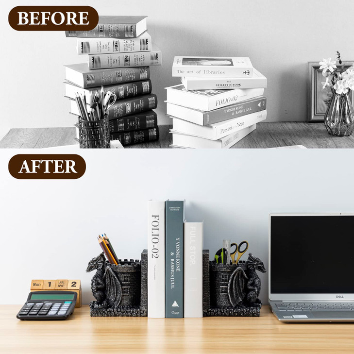 Bookends Dragon, Gothic Black Resin Dragon Guarding Castle Pencil Cup Bookends, Office Desk Book Ends with Decorative Fantasy Dragons and Stone Tower